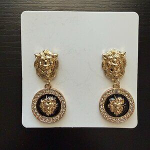 Gold and Navy Lion Medallion Dangling Earrings with Faux Diamond Accent New